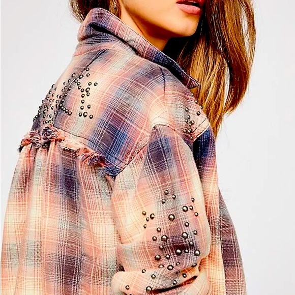 Free People • Take Me On Studded Plaid Fringe Button Down Long Sleeve Shirt XS - Picture 5 of 15